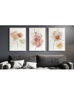 Composizione di 3 quadri astratti e stilizzati di fiori e profilo di una coppia di innamorati in tinte calde pastello
