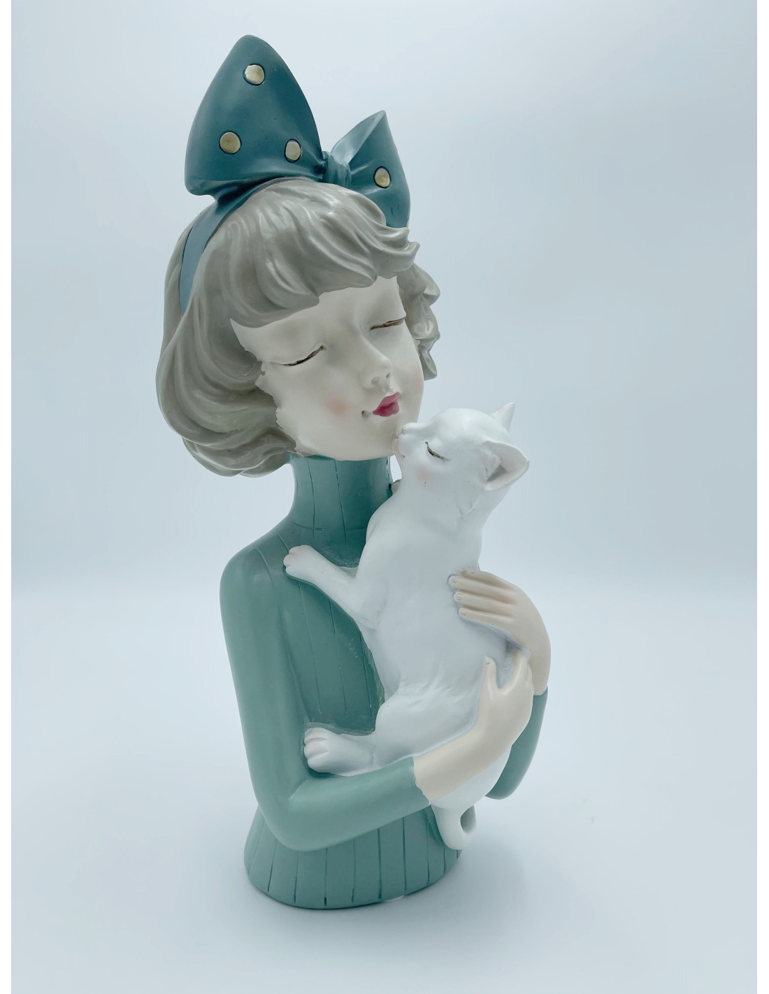 Statua Dolls: Bambola Donna con Gatto Bianco in Resina - Dolce