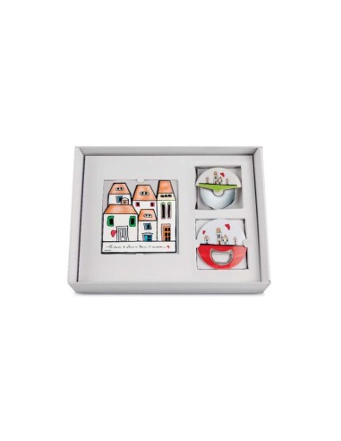 Idea Regalo originale set sottopentola, apribottiglie e tagliapizza in ceramica smaltata collezione Le Casette Egan -EGAN