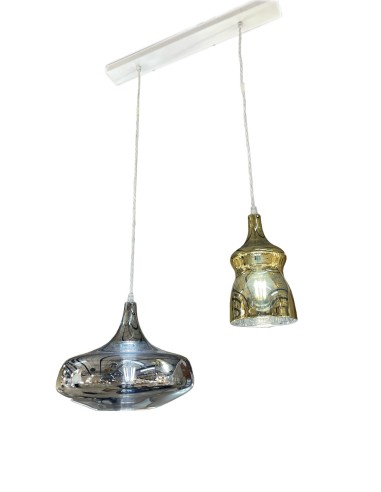 Lampada a soffitto sospensione 2 pendenti moderni in vetro soffiato cromo ed oro con base bianca collezione Unique -LODES - S...